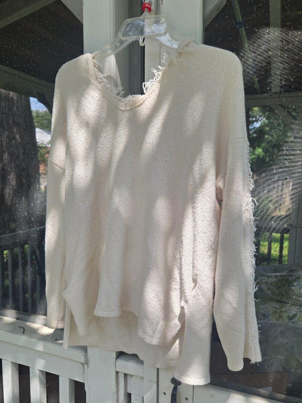 Rip Curl Distressed Frayed Knit Hooded Sweater - Cream - XS (Fits S/M Loose)